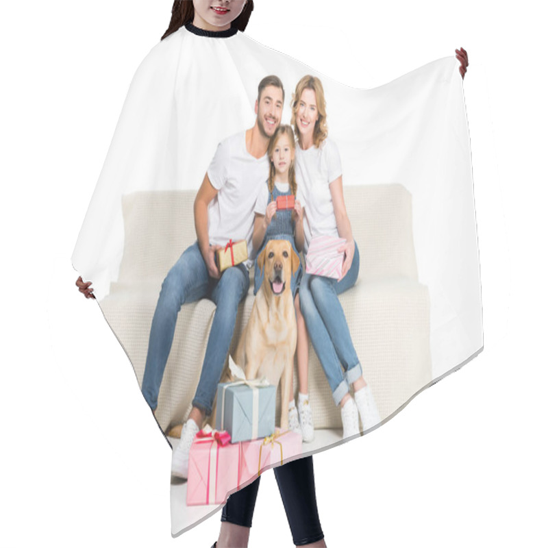 Personality  Happy Family And Dog Sitting On Sofa With Gifts, Isolated On White Hair Cutting Cape