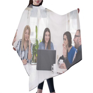 Personality  Colleagues Working Together In The Office. Business Concept.  Hair Cutting Cape