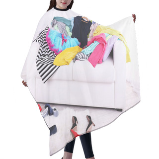 Personality  Messy Colorful Clothing On  Sofa On Light Background Hair Cutting Cape