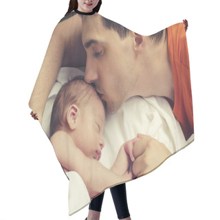 Personality  Loving Father Kissing His New Born Baby. Hair Cutting Cape