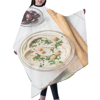 Personality  Top View Of Hummus With Parsley, Breadsticks, Olives And Lime On Wooden Tabletop Hair Cutting Cape