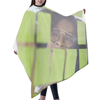Personality  Portrait Of A Business Woman With An Afro Behind Sticky Notes In Bright Glass Office Hair Cutting Cape