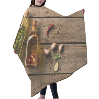 Personality  Top View Of Bottles Of Oil Flavored With Different Spices And Rosemary On Wooden Surface Hair Cutting Cape