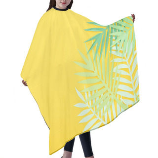 Personality  Top View Of Paper Cut Green Tropical Leaves On Yellow Bright Background With Copy Space Hair Cutting Cape