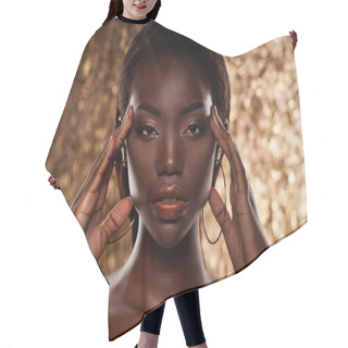 Personality  Portrait Of Sensual Young African Woman Against Golden Background Hair Cutting Cape