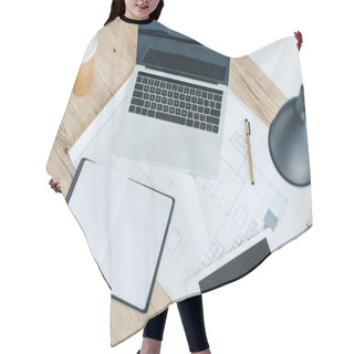 Personality  High Angle View Of Laptop, Digital Tablet, Notebook And Blueprint On Wooden Table Hair Cutting Cape