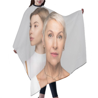 Personality  Blurred Young Woman Behind Middle Aged Mother Isolated On Grey Hair Cutting Cape