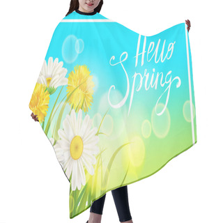 Personality  Spring Daisies, Chamomiles Dandelions Juicy Green Lettering Spring Grass Background Template For Banners, Web, Flyer. Vector Illustration Isolated. Hair Cutting Cape