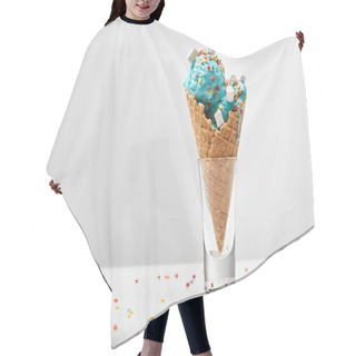 Personality  Delicious Sweet Blue Ice Cream With Marshmallows And Sprinkles In Crispy Waffle Cone Isolated On Grey Hair Cutting Cape