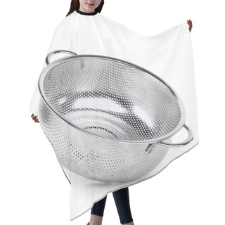 Personality  A Middle Metal Colander On A White Isolated Background. Kitchen Accessories. Hair Cutting Cape