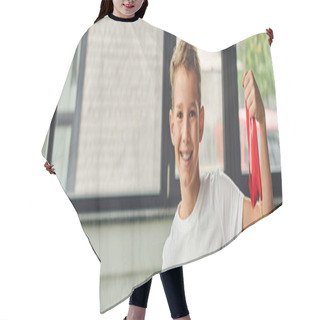 Personality  Cute Preadolescent Boy In Sportswear Holding Golden Medal Smiling At Camera, Child Sport, Banner Hair Cutting Cape