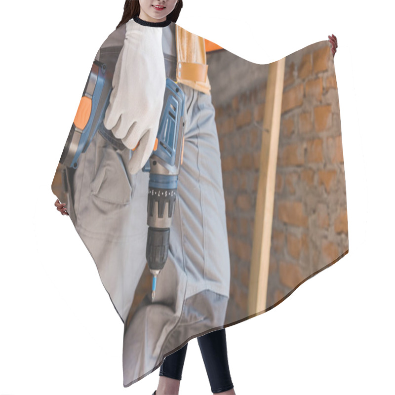 Personality  Cropped View Of Constructor Holding Hammer Drill Hair Cutting Cape