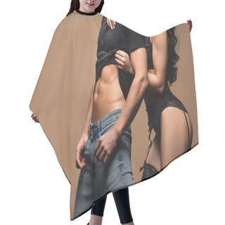 Personality  Cropped View Of Intimate Girlfriend In Black Lingerie Hugging Sexy Boyfriend Isolated On Beige  Hair Cutting Cape