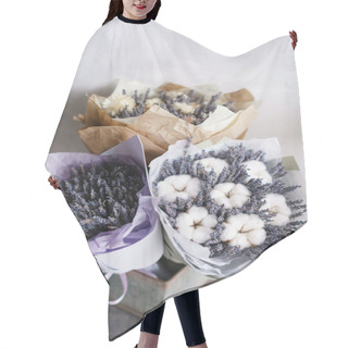 Personality  Three Beautiful And Different Bouquets Lavender On Table . Dried Flowers Lilac Color. Placed In A Paper Bag Hair Cutting Cape