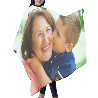 Personality  Happy Grandma With Grandson Embracing Outdoor Hair Cutting Cape