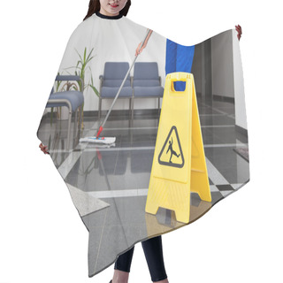 Personality  Man With Mop And Wet Floor Sign Hair Cutting Cape