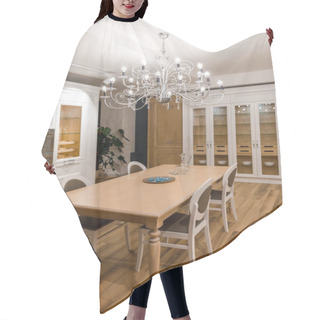 Personality  Stylish Kitchen With Elegant Wooden Table And Chandelier Hair Cutting Cape
