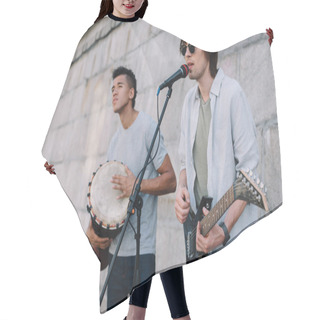 Personality  Team Of Young Male Multiracial Friends Playing Music And Singing In Urban Environment Hair Cutting Cape