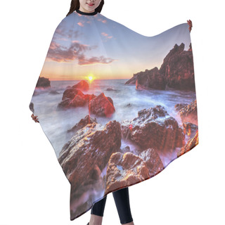 Personality  Sunrise On Rocky Shore And Dramatic Sky Clouds Hair Cutting Cape