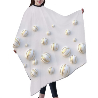 Personality  3 D Illustration. Abstract Background. White Balls With A Stripe Of Gold, Of Various Sizes, Are Isolated On An Embossed Golden White Background With A Shadow. Image Background. Festive Background. Render Hair Cutting Cape