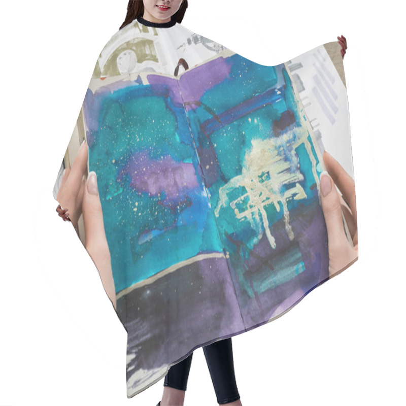 Personality  Top View Of Female Hands Holding Notebook With Abstract Blue Drawing Hair Cutting Cape