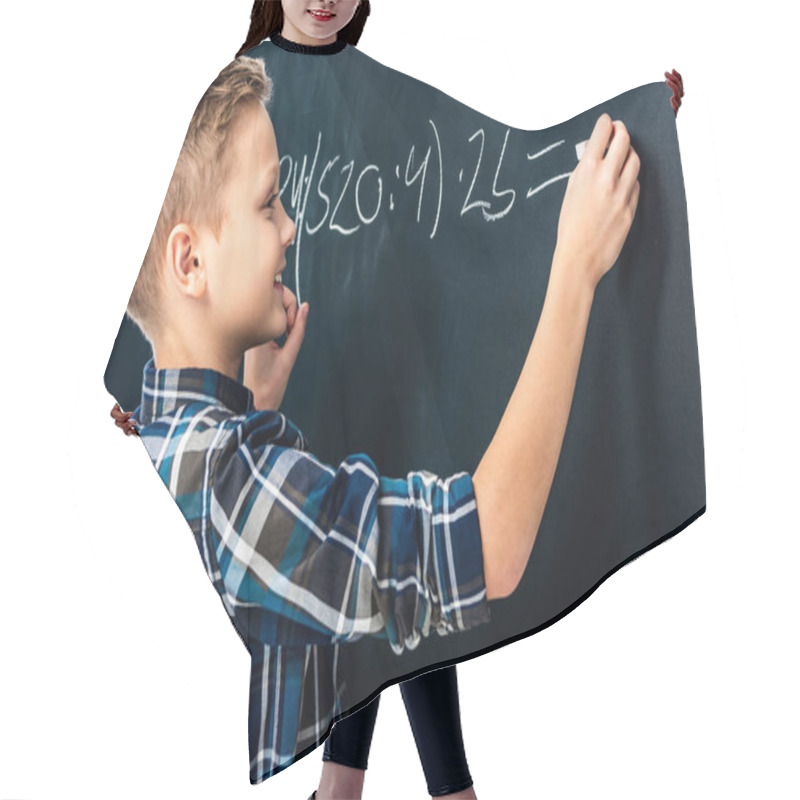 Personality  Smiling Boy Writing Math Example On Blackboard With Chalk Hair Cutting Cape