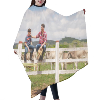 Personality  Happy Father And Son Smiling In Farm With Cows Hair Cutting Cape