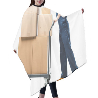 Personality  Cropped View Of Mover In Uniform Transporting Cardboard Boxes On Hand Truck On White Hair Cutting Cape