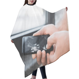 Personality  Cropped View Of Businessman Touching Smashed Touchscreen Of Smartphone With Big Finger On Blurred Background Hair Cutting Cape
