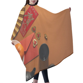 Personality  Top View Of Tangerines On Plate, Black Tea Set, Fan With Hieroglyphs, Golden Decorations And Red Envelope On Brown Background Hair Cutting Cape