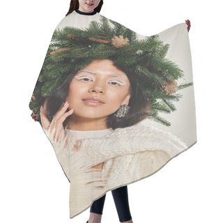 Personality  Winter Beauty, Attractive Woman With Green Pine Wreath Posing In White Clothes On Grey Backdrop Hair Cutting Cape