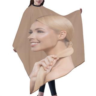 Personality  Side View Of Smiling Beautiful Blonde Hair Girl Isolated On Beige Hair Cutting Cape