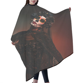 Personality  Woman In Black Wreath With Veil And Day Of Dead Makeup Looking At Camera On Burgundy Background  Hair Cutting Cape