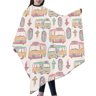 Personality  Hand Drawn Seamless Vintage Pattern With Buses Traffic Light Public Transport. Retro Asian Hong Kong Cars Automobile Graphic Doodle Yellow Beige Red Print, Trendy Decorative Fabric Vehicle Cartoon Hair Cutting Cape