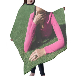 Personality  Cropped View Of Woman In Dress Posing And Lying On Grass Outside  Hair Cutting Cape
