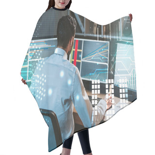 Personality  Back View Of Trader Working Near Computer With Graphs  Hair Cutting Cape