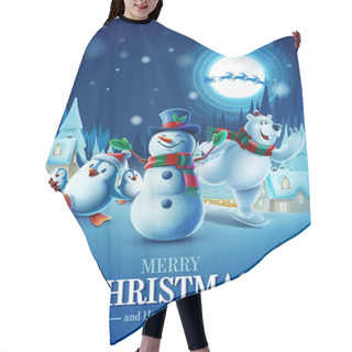 Personality  Merry Christmas Banner With White Polar Bear , Snowman And Penguins, Vector Illustration Hair Cutting Cape