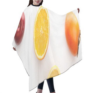 Personality  Top View Of Orange And Lemon Halves With Persimmon, Apple On White And Blue Background, Panoramic Shot Hair Cutting Cape