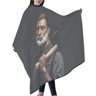 Personality  Man In Shaving Cream Holding Axe Hair Cutting Cape