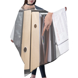Personality  Top View Of Businesswoman Searching Documents In Cabinet Driver With Paper Folders Hair Cutting Cape