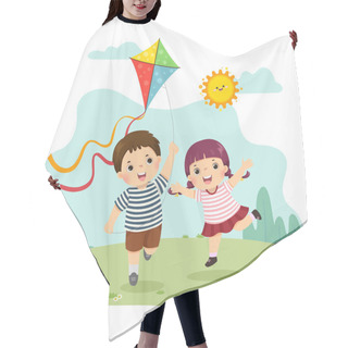 Personality  Vector Illustration Cartoon Of A Little Boy And Girl Flying The Kite. Siblings Playing Together. Hair Cutting Cape