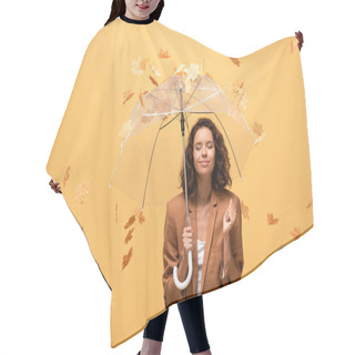 Personality  Happy Curly Woman In Brown Jacket With Closed Eyes Holding Umbrella In Falling Golden Maple Leaves Isolated On Yellow Hair Cutting Cape