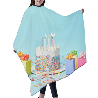 Personality  Delicious Cake With Candles, Colorful Gifts And Confetti On Blue Background Hair Cutting Cape