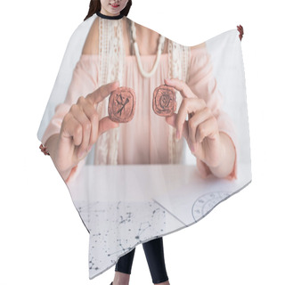 Personality  Cropped View Of Blurred Astrologer Holding Clay Runes Near Star Charts Hair Cutting Cape