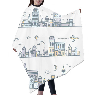 Personality  Vector Illustration Of City Landscape On White Background. Three Hair Cutting Cape