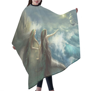 Personality  Hunting Two Mermaids In The Rocks On The Background Of A Stormy Ocean. Digital Art. Hair Cutting Cape