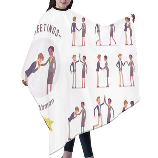 Personality  Businessman And Businesswoman Greeting Character Set, Various Poses And Emotions Hair Cutting Cape