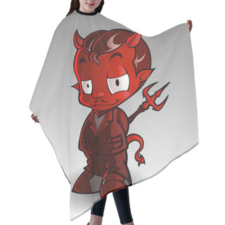 Personality  Cartoon Vector Illustration Of A Tough Kid Demon Or Devil With Pitchfork In Hands Hair Cutting Cape