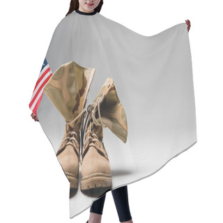 Personality  Military Boots With American Flag On Grey Background  Hair Cutting Cape
