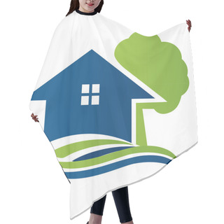 Personality  House With Tree And Waves Logo Vector Hair Cutting Cape